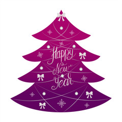 Happy New Year phrase inscription on silver color on Christmas tree