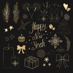 Set of Christmas objects in gold color