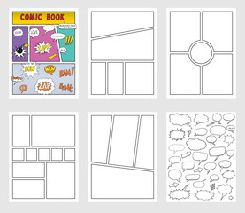 Fototapeta premium comic book Blanks set, text speech bubbles , Comic magazine cover Template, strip page mock up