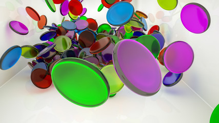 glass multi-colored disks scatter in different directions. Abstract background. 3d render. Illustration