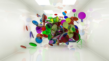 glass multi-colored disks scatter in different directions. Abstract background. 3d render. Illustration