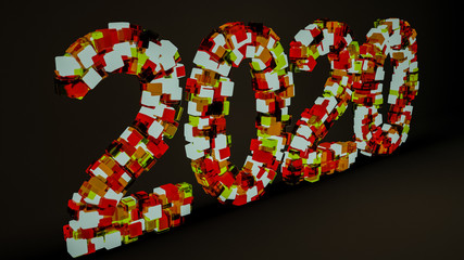 three-dimensional numbers 2020 on a dark background. 3d render. Illustration