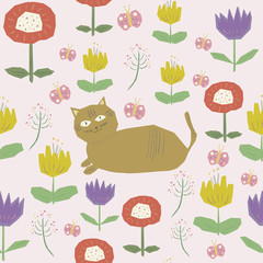 Cats and flowers, seamless pattern