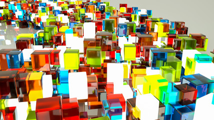 Abstract composition of different three-dimensional cubes on a light background. 3d render. Illustration