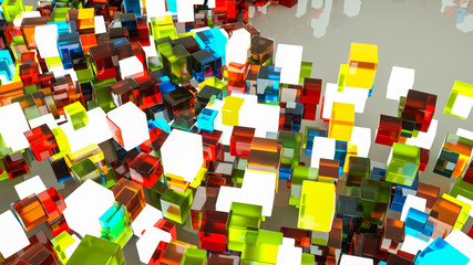 Abstract composition of different three-dimensional cubes on a light background. 3d render. Illustration