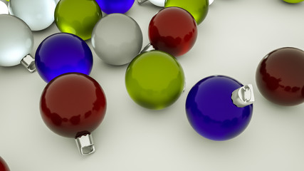 three-dimensional glass multi-colored Christmas balls on a white background. 3d render. Illustration