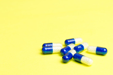 Pharmaceutical medicine pills, tablets and capsules . Copy space for text and advertising