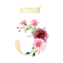 Number 5 gold color with watercolor flowers and leaf. Perfectly for wedding invitations, greeting birthday card, logo, poster and other floral design. Hand painting. Isolated on white background. - obrazy, fototapety, plakaty