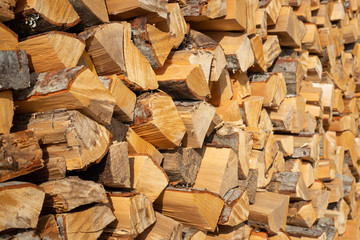 Pile of firewood. Preparation of firewood for the winter.