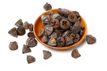 Dried fruits of eucaliptus globulus labill on white background
