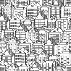 Doodles houses seamless pattern. City pattern in black and white hand drawn houses.
