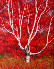 Painting of a white birch tree against a bright red autumn foliage background.