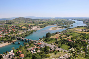 Fototapeta na wymiar View of Drin River and Skhoder City from Rozafa Castle. Albania. Europe.