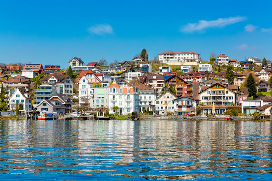 View at town Weggis from Lucerne lake, Switzerland