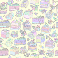 Seamless pattern of cakes and pastries. Multi-colored sweets on a yellow background. Endless baby texture. Cakes, muffins, pastries with cream, cakes, berries, marshmallows, chocolate.