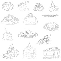 Outline desserts. Set of isolated elements on a white background. Black and white vector sweets for menu decoration. Cream, raspberries and blackberries, chocolate, fruits, marshmallows, jellies.