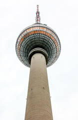 bottom view of the Berlin TV Tower. The Berlin TV tower is a tower for radio and television broadcasting antennas in the center of Berlin in Germany
