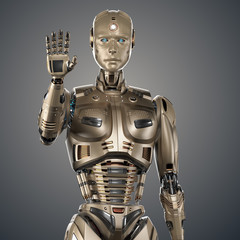 Detailed cyborg or futuristic humanoid robot makes stop gesture or no entry showing his hand with five fingers. Front view of the upper body. Isolated on gray background. 3d render