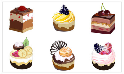 Set of cupcakes and pastries with cream. Collection of vector elements, cakes, berries, cream, chocolate on a white background. Vector icons for cafes and restaurants menu.