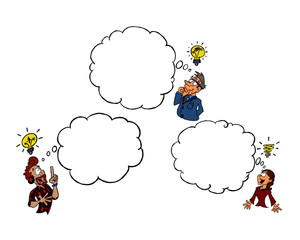 Three cartoon characters - creativity and ideas with empty thought cloud color 02