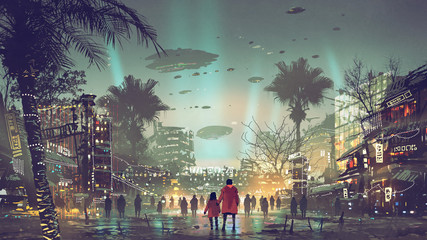 father and daughter looking at the futuristic city with colorful light, digital art style, illustration painting © grandfailure
