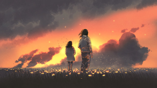 beautiful scenery of the young couple standing in glowing flowers filed and looking sunset sky, digital art style, illustration painting