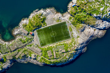 Football field stadium in Henningsvaer from above.