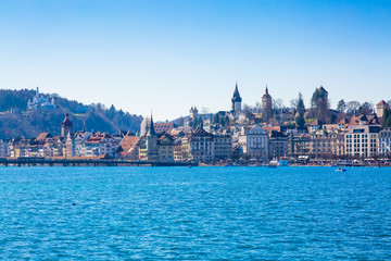 View from Lake Lucerne to Lucerne old town buildings, Switzerland