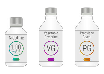 PG, VG and Nicotine bottles. Components for DIY vaping liquid. 