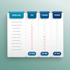 Comparison pricing list. Comparing price or product plan chart compare products business purchase discount hosting image grid. Services cost table unlimited menu planning vector infographics template.
