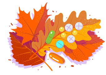 Pills and tablets on red falling leaf. Antidepressants, autumn cold and flu. Flat vector illustration on white isolated background.