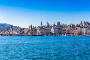 Obraz premium View from Lake Lucerne to Lucerne old town buildings, Switzerland