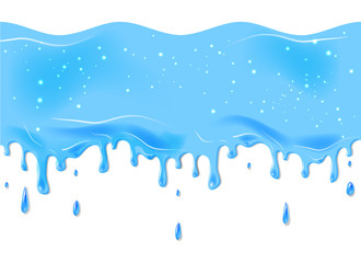 Water Transparent vector splash. Translucent cool waterfall flow with drops in light blue colors. Stream of clear cold aqua. Juice spiral jets with droplets. Yummy liquid, fresh drink, juice jelly