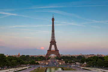 Fototapeta na wymiar Eiffel Tower, a wrought-iron lattice tower on the Champ de Mars in Paris, France, photographed from the Trocadero at the golden hour.
