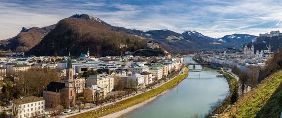 Panoramic view of Salzburg skyline with Festung Hohensalzburg and river Salzach, Salzburger Land, Austria