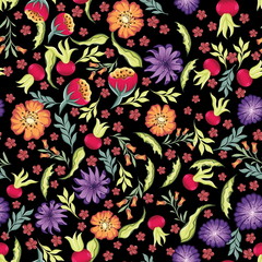 vector drawings of handdrawn seamless pattern with leaves and cute wild flowers on a black background