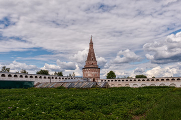 Watchtower and potato field. Russian shrines. Joseph-Volotsky Monastery in Teryaev. Moscow region,...