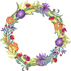 vector drawings of round wreath with leaves and cute flowers, floral frame