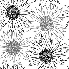Hand drawn vector black and white sunflower seamless pattern