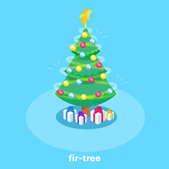 Fototapeta premium Isometric vector image on a blue background, decorated with toys and garlands a Christmas tree with a star and gifts on the floor, Happy New Year greetings.