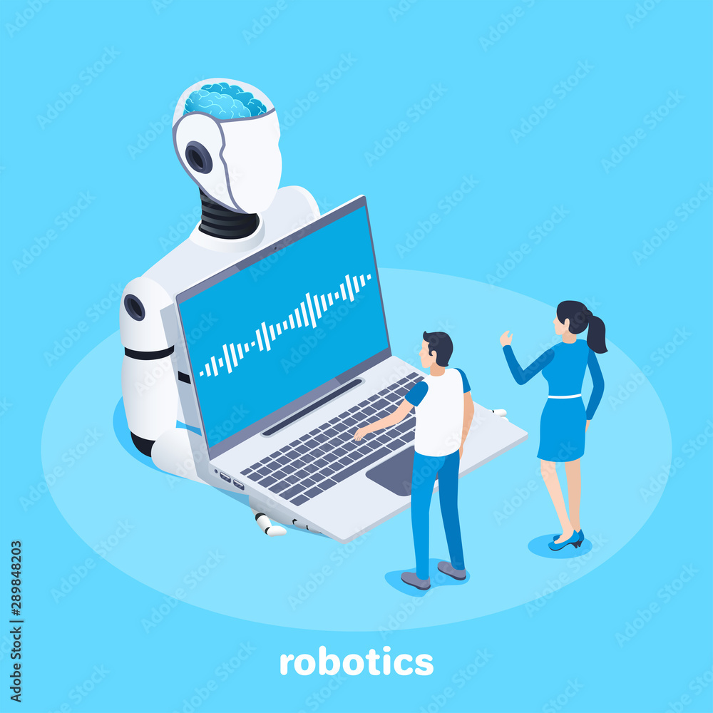 Poster isometric vector image on a blue background, robotics development, a robot holds a laptop and a man 