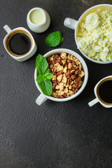 breakfast, cornflakes, coffee, cottage cheese others - delicious and healthy, menu concept. food background. copy space