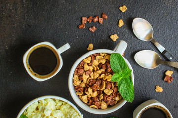 breakfast, cornflakes, coffee, cottage cheese others - delicious and healthy, menu concept. food background. copy space