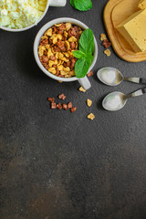 breakfast, cornflakes, coffee, cottage cheese others - delicious and healthy, menu concept. food background. copy space