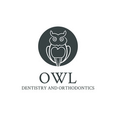 Owl dentistry logo design. Line Illustration of owl bird with tooth vector design.  Isolated on white background. Usable for clinic, dentistry and animal care logo.