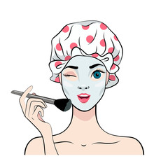 Beautiful girl puts a brush face mask. Vector illustration