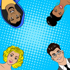 International group of people on halftone blue background. Vector illustration in Pop Art Style.