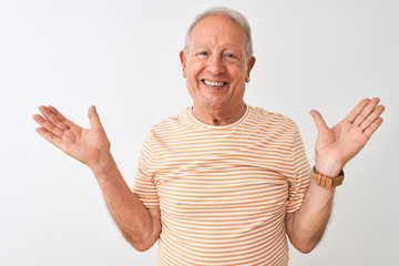 Senior grey-haired man wearing striped t-shirt standing over isolated white background smiling showing both hands open palms, presenting and advertising comparison and balance