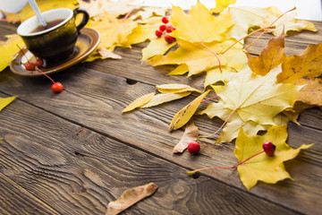 Yellow and orange fallen maple leaves on dark brown wood table background.