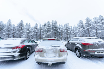 Editorial: Kuusamon City, Finland, 27th December 2018. Car park at Holiday Club Kuusamon Tropiikki with heavy snow in winter season at Kuusamon, Finland.